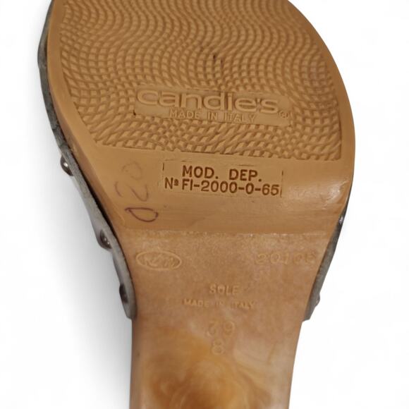 Vintage 1980s Candies White Leather Wooden Platform Mules Heels Sandals Studded - Picture 13 of 13